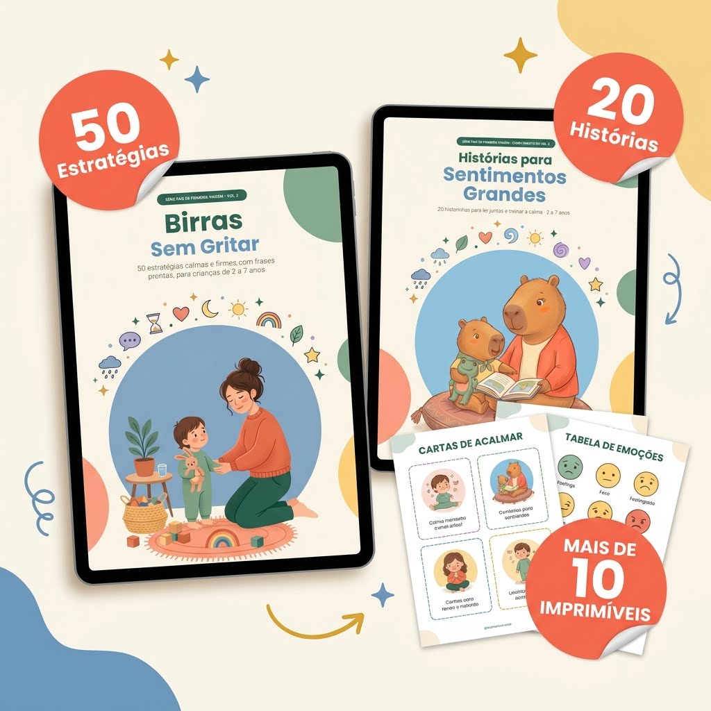 Os dois livros em tablets, Birras Sem Gritar e Histórias para Sentimentos Grandes, com imprimíveis ao lado.