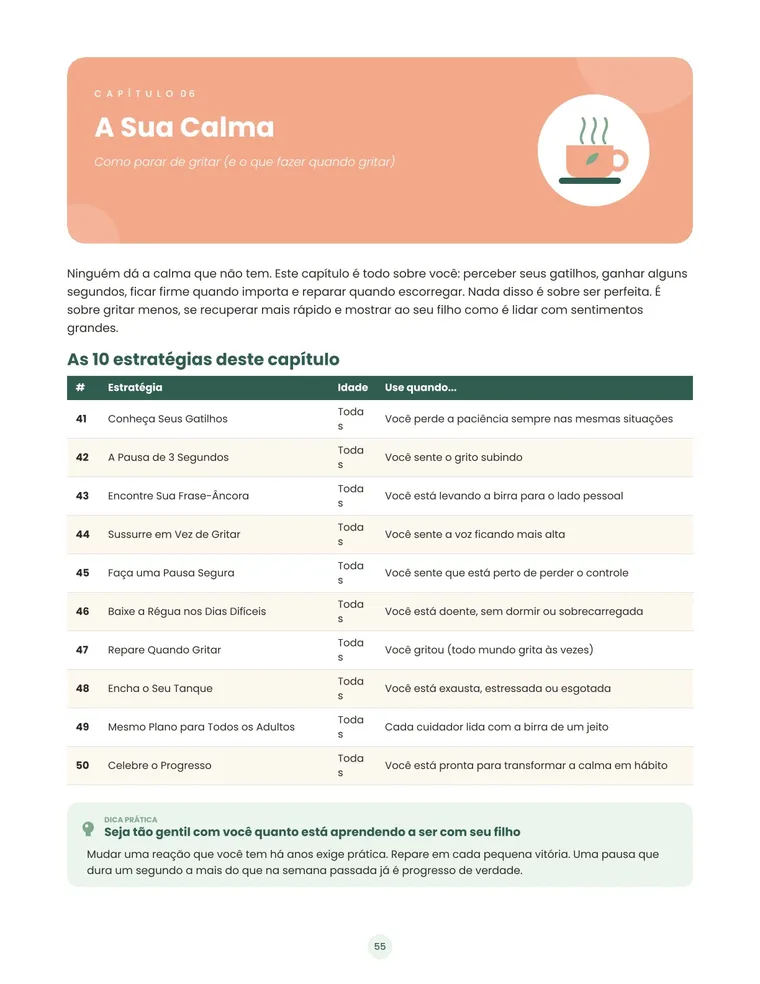 Abertura do Capítulo 6, A Sua Calma, com as 10 estratégias para gritar menos.