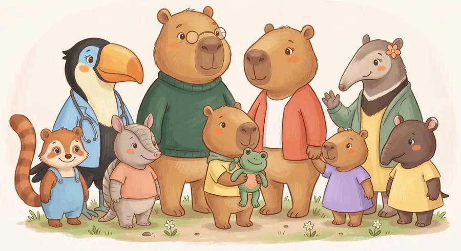 O Teo, uma capivarinha, com a família e os amigos das histórias.